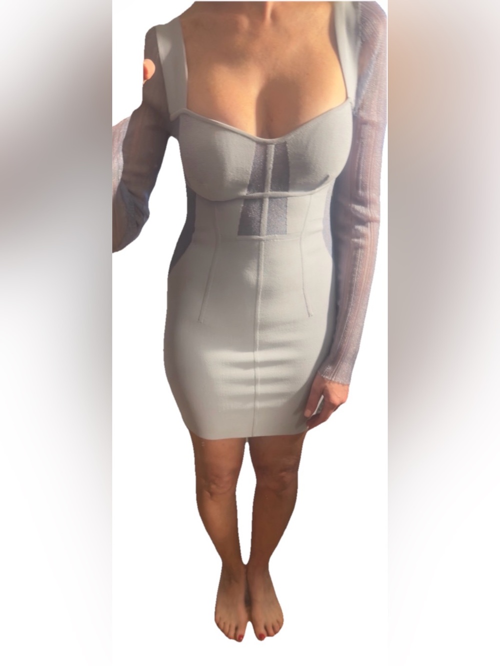 Herve Leger Lavender Long-Sleeve Square Neck Plisse Bandage Dress Sz XS $1490